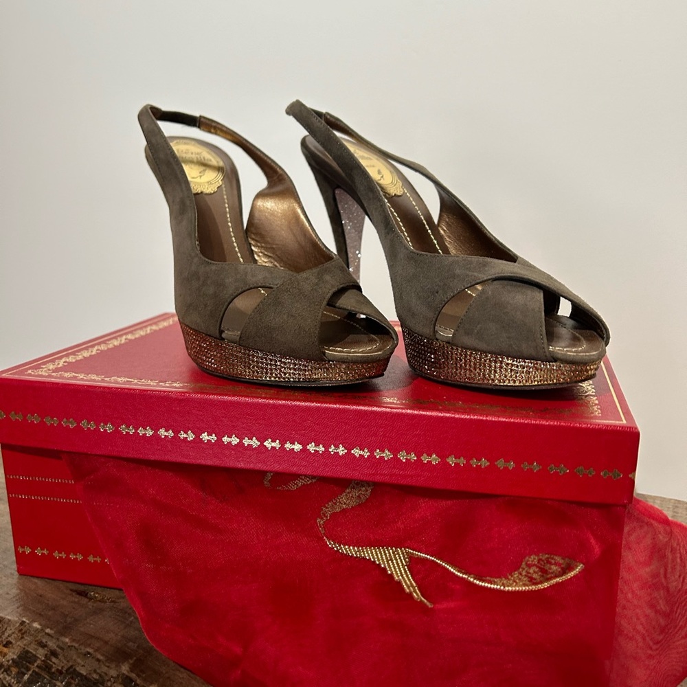 Rene Caovilla Taupe Suede Sling-back with, Size 7.5